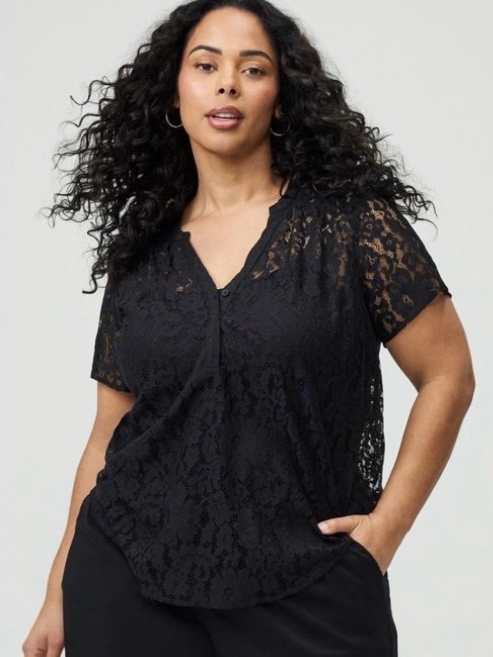 Black Lace Short-Sleeve V-Neck Blouse